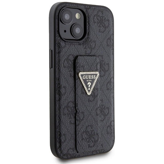 Funda para Apple iPhone 15, Guess, Grip Stand 4G Triangle Strass, Negra