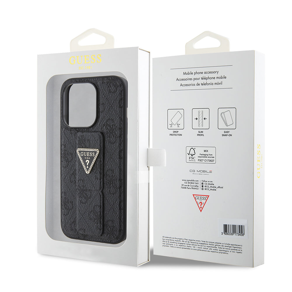 Funda para Apple iPhone 15, Guess, Grip Stand 4G Triangle Strass, Negra