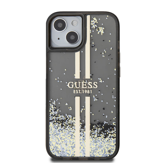 Funda para Apple iPhone 15, Guess, Liquid Glitter Gold Stripes, Negra