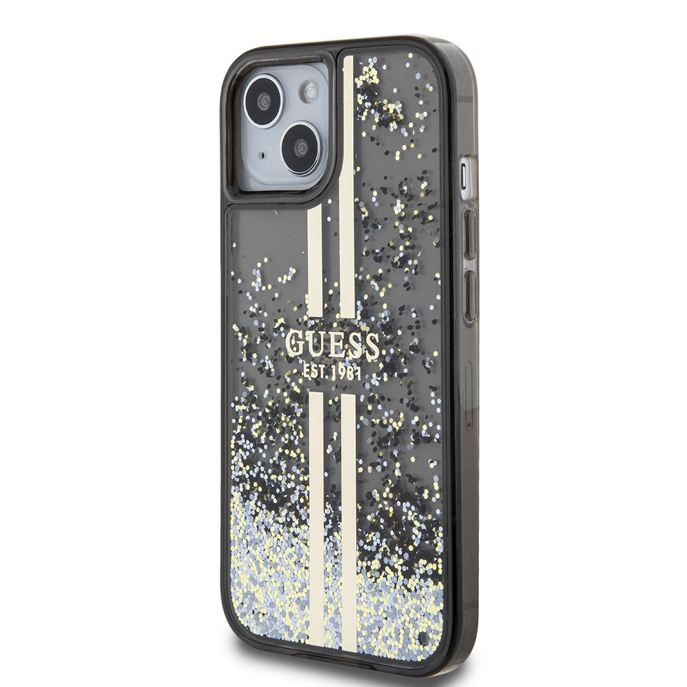 Funda para Apple iPhone 15, Guess, Liquid Glitter Gold Stripes, Negra