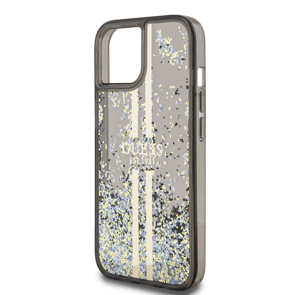Funda para Apple iPhone 15, Guess, Liquid Glitter Gold Stripes, Negra
