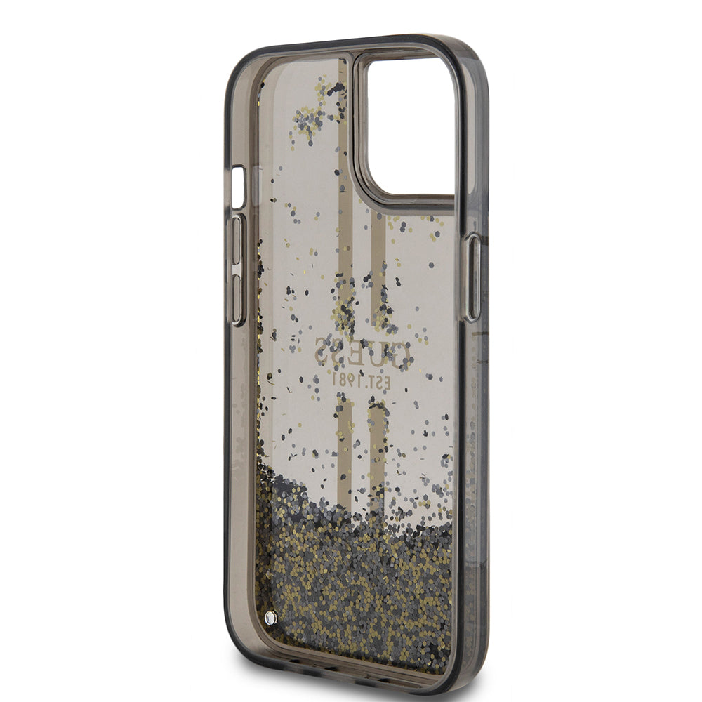 Funda para Apple iPhone 15, Guess, Liquid Glitter Gold Stripes, Negra