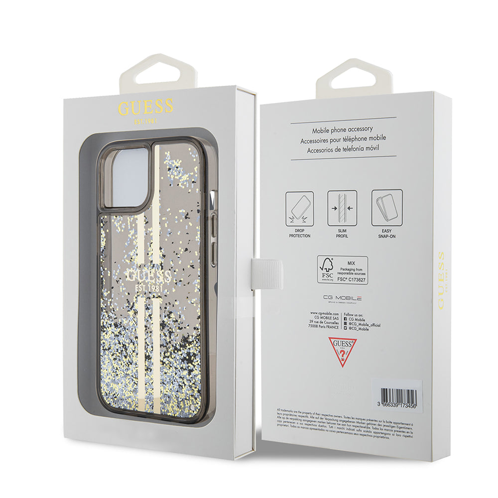 Funda para Apple iPhone 15, Guess, Liquid Glitter Gold Stripes, Negra