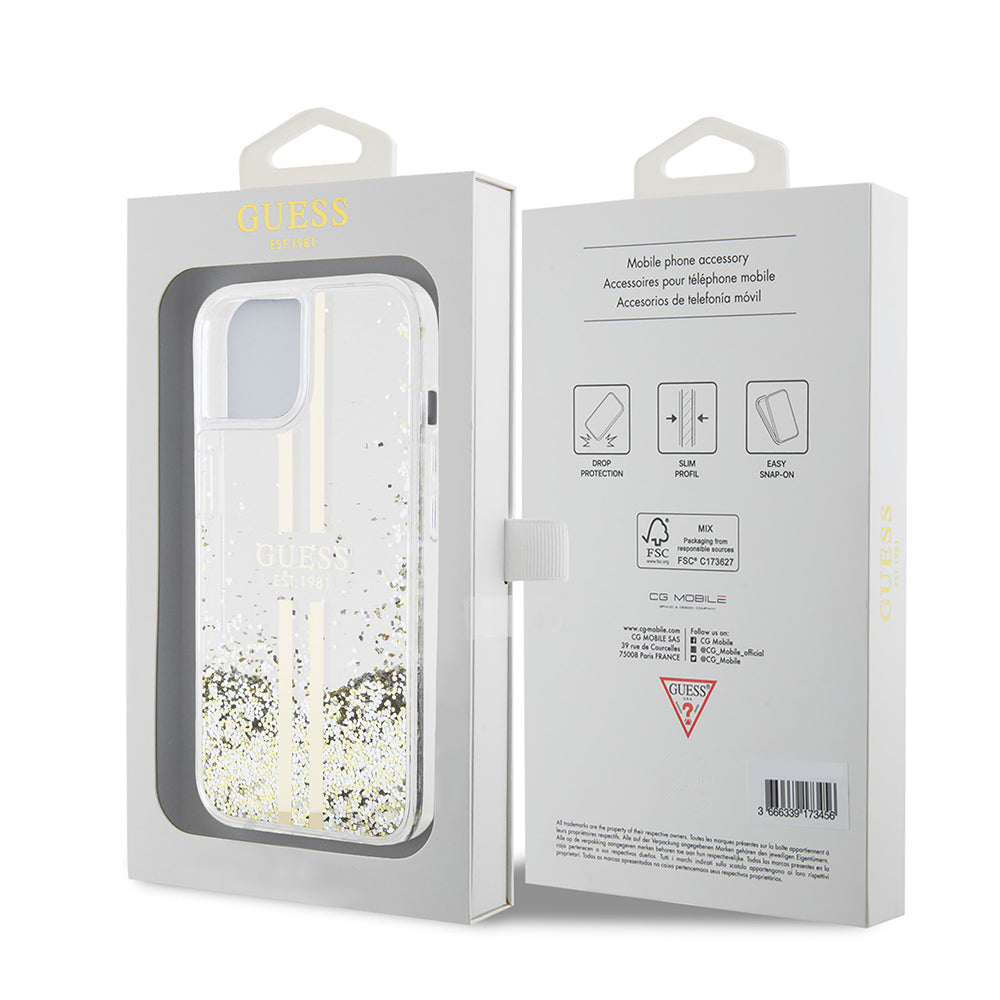 Funda para Apple iPhone 15, Guess, Liquid Glitter Gold Stripes, Transparente