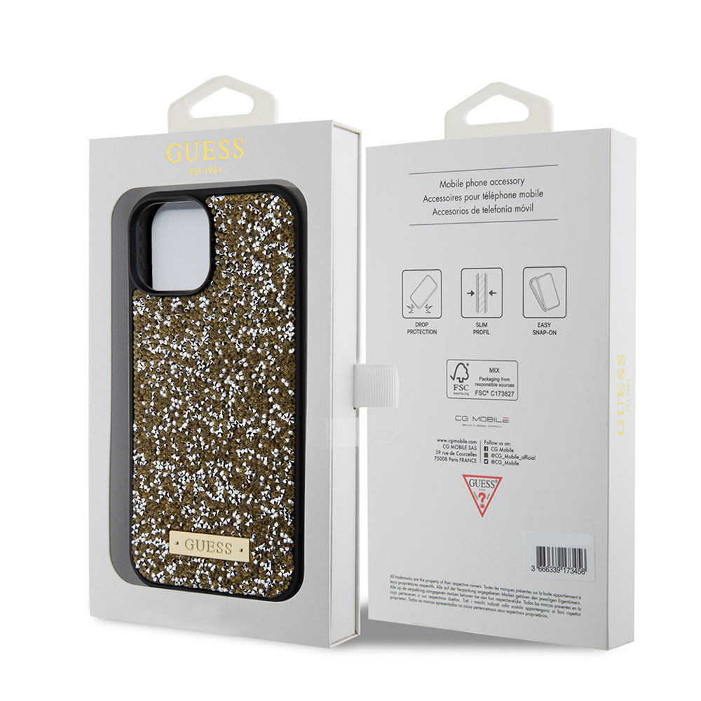 Funda para Apple iPhone 15, Guess, Rhinestone Metal Logo, Amarilla