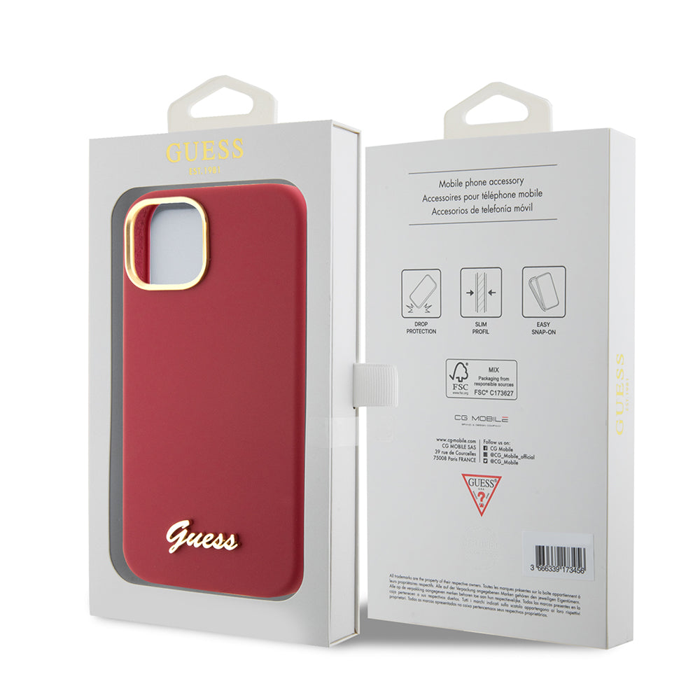 Funda para Apple iPhone 15, Guess, Script Metal Logo & Frame, Roja