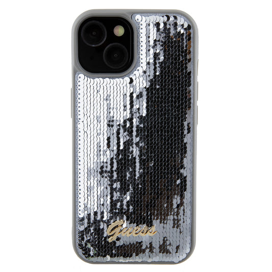 Funda para Apple iPhone 15, Guess, Sequin Script Metal, Plateada