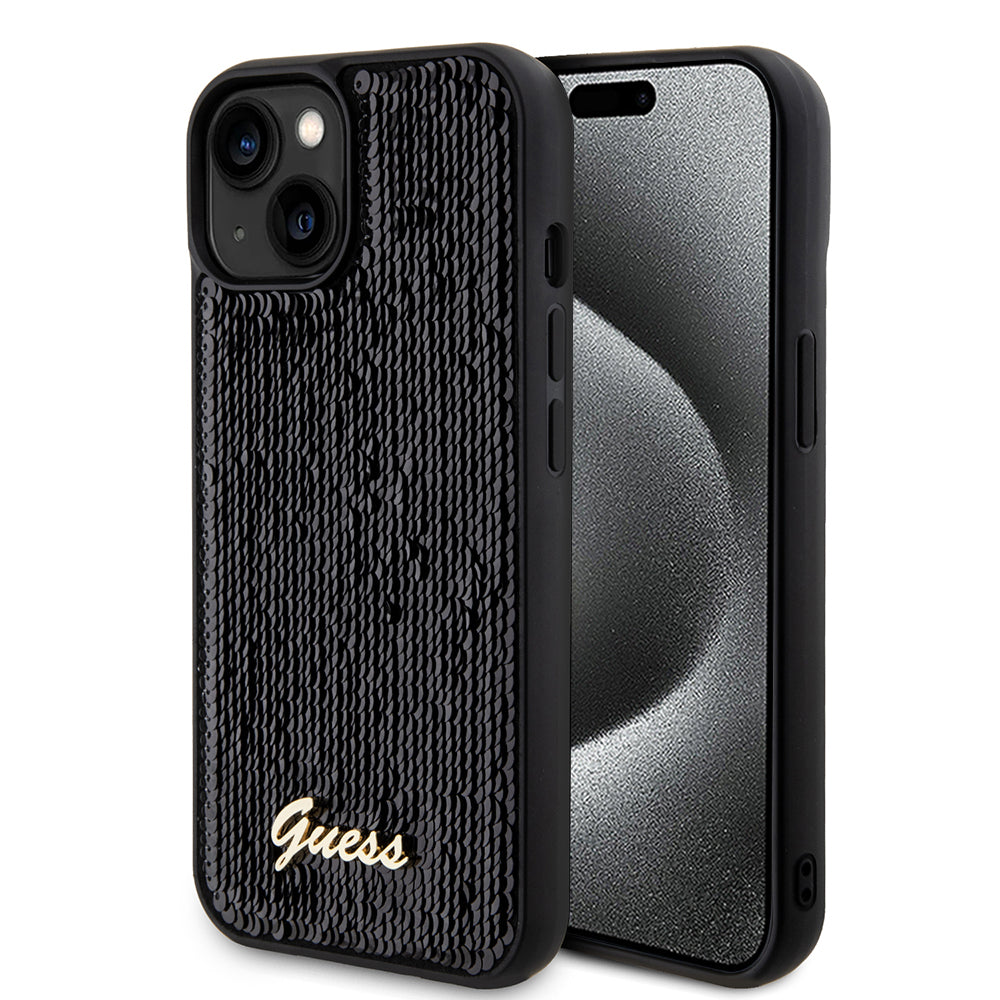 Funda para Apple iPhone 15, Guess, Sequin Script Metal, Negra