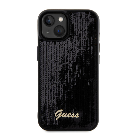 Funda para Apple iPhone 15, Guess, Sequin Script Metal, Negra