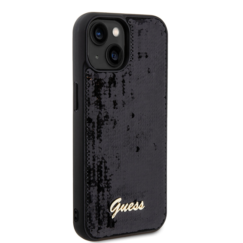Funda para Apple iPhone 15, Guess, Sequin Script Metal, Negra