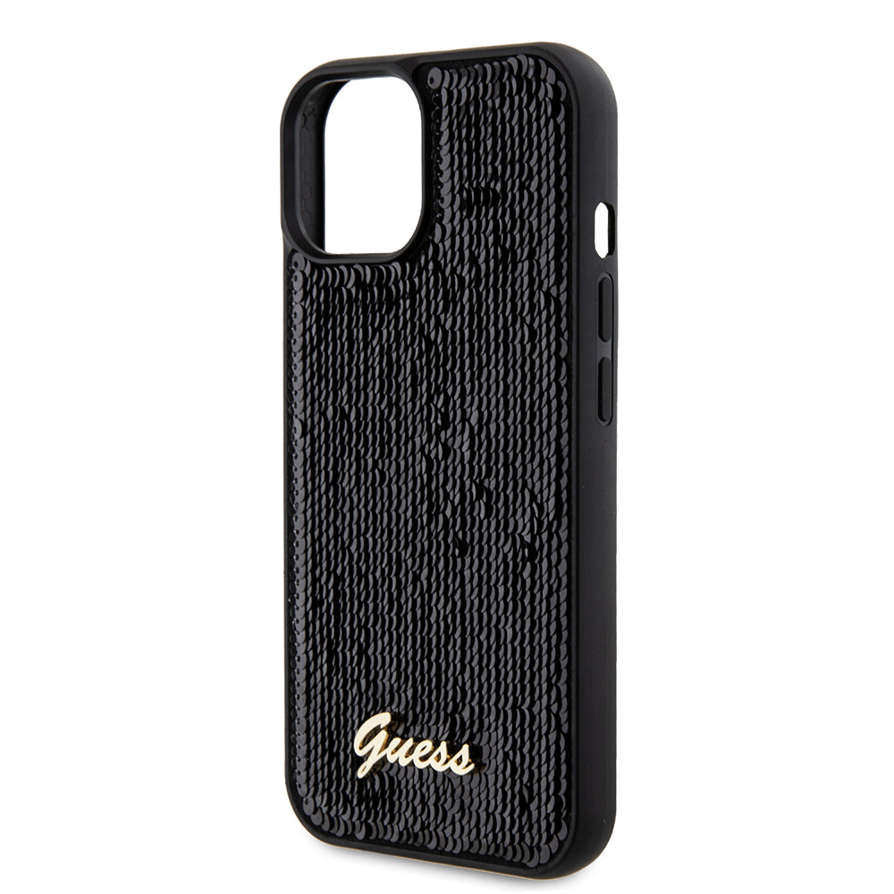 Funda para Apple iPhone 15, Guess, Sequin Script Metal, Negra