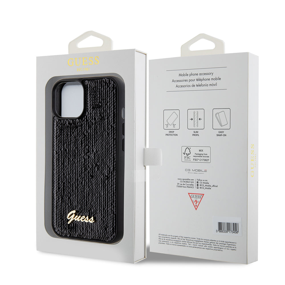 Funda para Apple iPhone 15, Guess, Sequin Script Metal, Negra