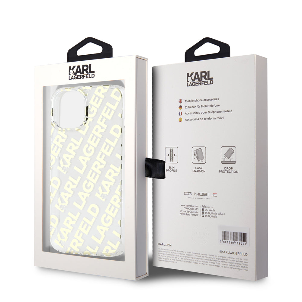 Funda para Apple iPhone 15, Karl Lagerfeld, IML Luxury Gold Fullover Logo, Dorada