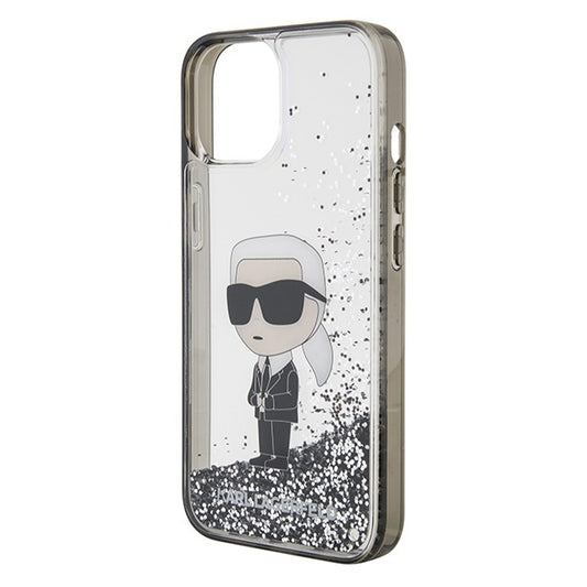 Funda para Apple iPhone 15, Karl Lagerfeld, Liquid Glitter Ikonik Karl, Transparente