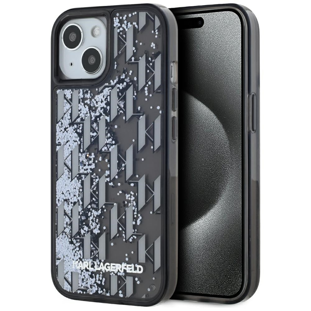Funda para Apple iPhone 15, Karl Lagerfeld, Liquid Glitter Monogram, Negra