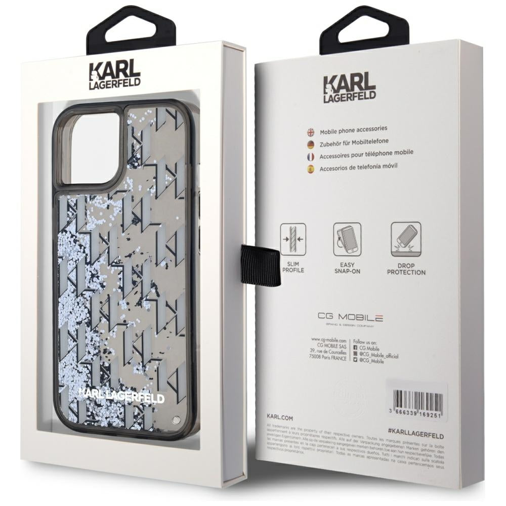 Funda para Apple iPhone 15, Karl Lagerfeld, Liquid Glitter Monogram, Negra