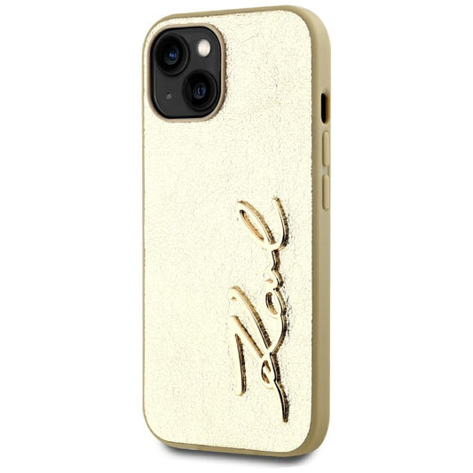 Funda para Apple iPhone 15, Karl Lagerfeld, Metal Signature, Dorada