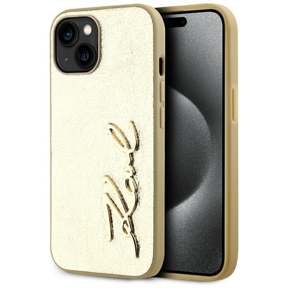 Funda para Apple iPhone 15, Karl Lagerfeld, Metal Signature, Dorada