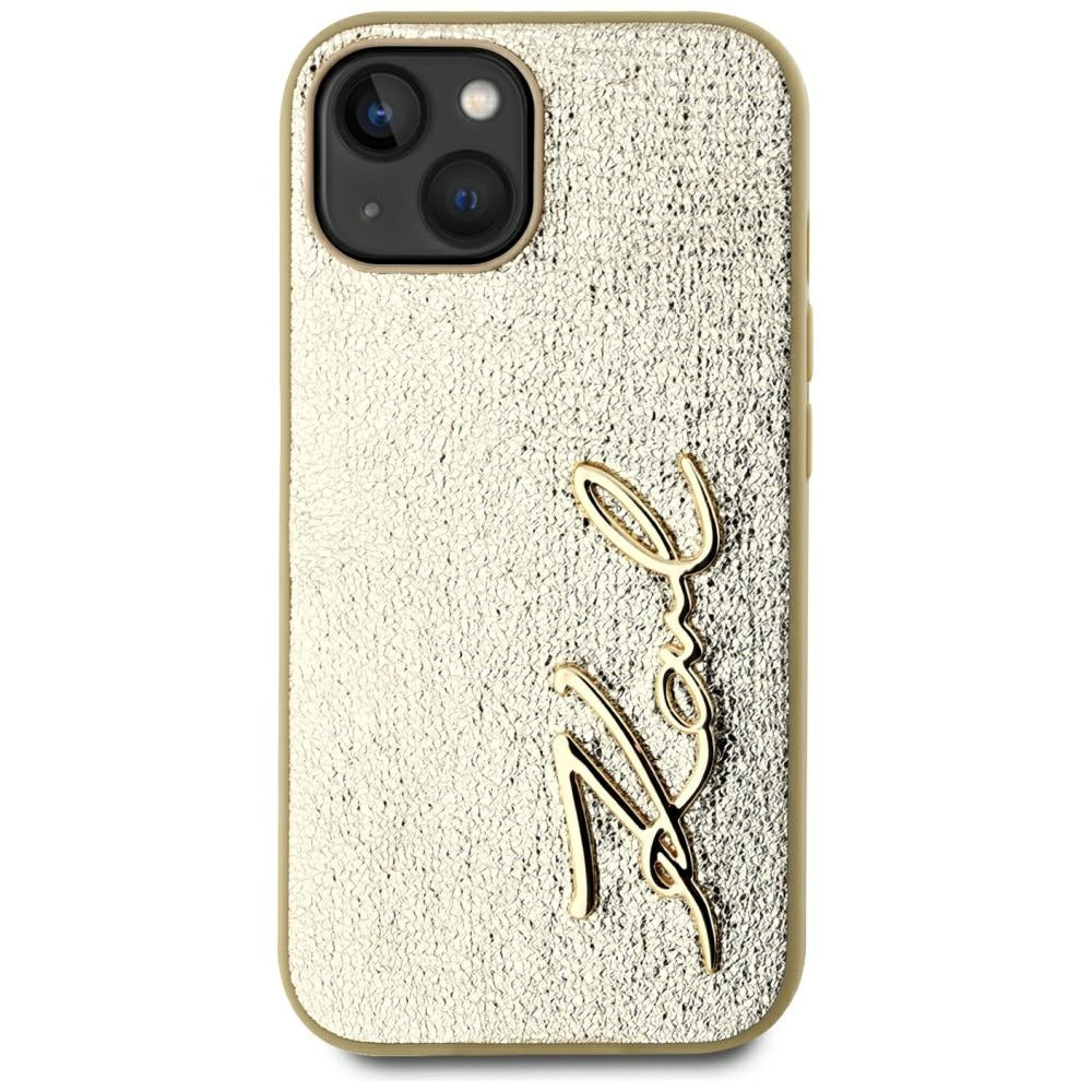 Funda para Apple iPhone 15, Karl Lagerfeld, Metal Signature, Dorada