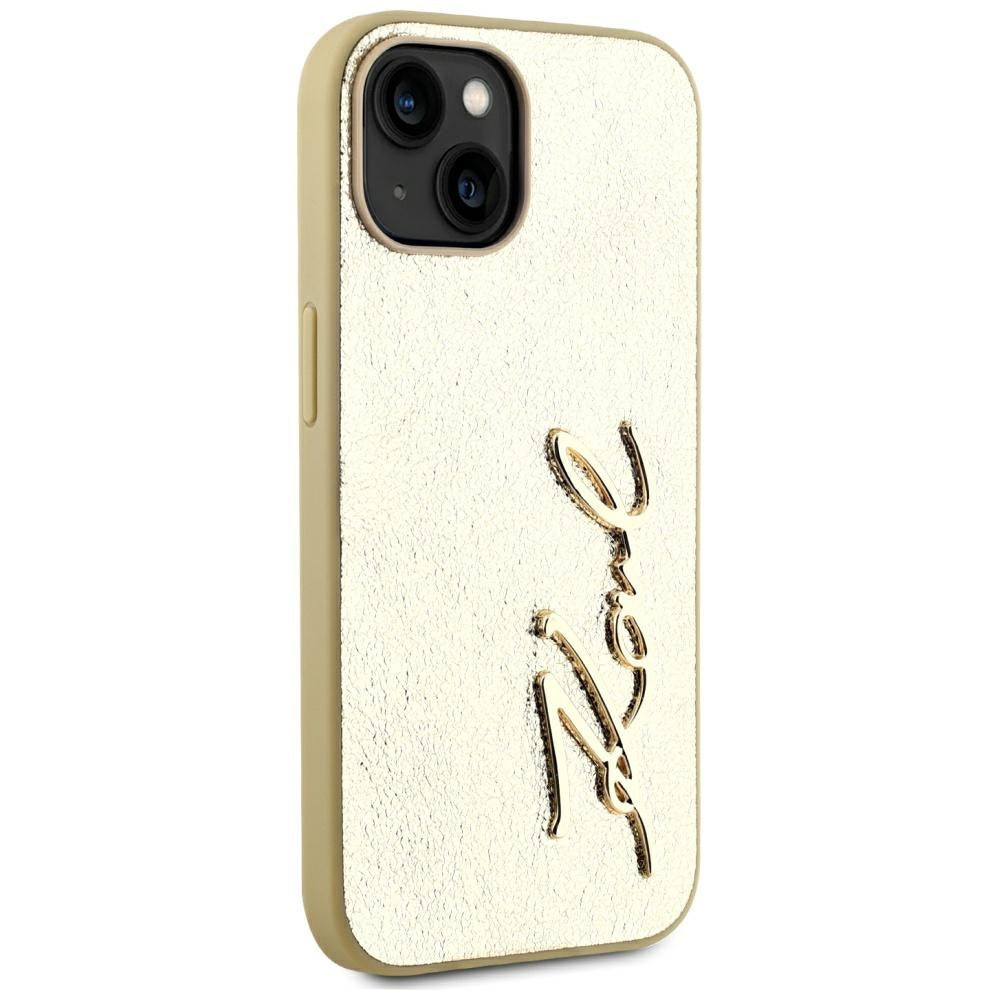 Funda para Apple iPhone 15, Karl Lagerfeld, Metal Signature, Dorada