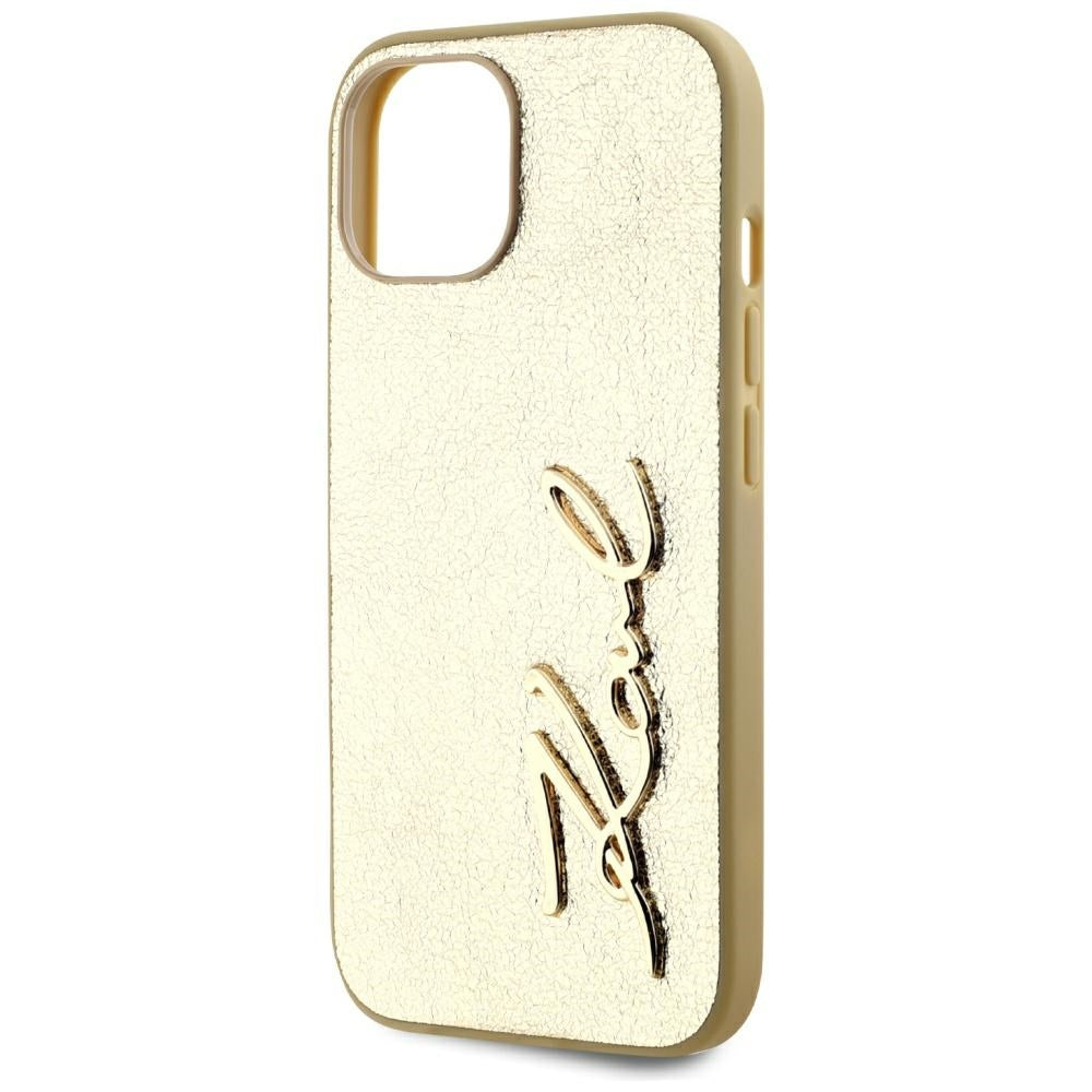 Funda para Apple iPhone 15, Karl Lagerfeld, Metal Signature, Dorada