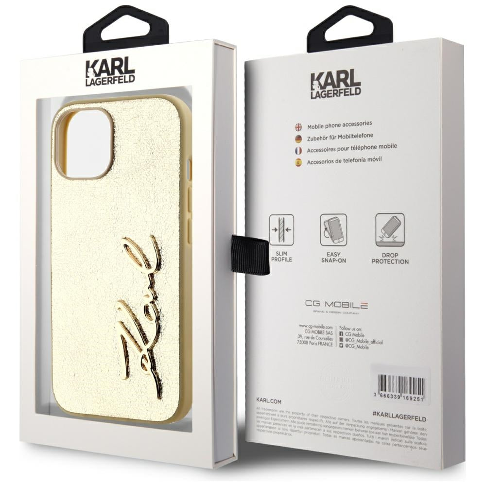 Funda para Apple iPhone 15, Karl Lagerfeld, Metal Signature, Dorada