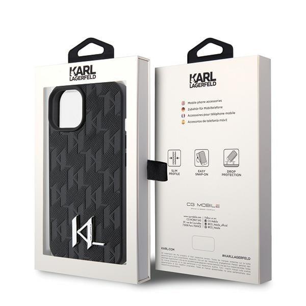 Funda para Apple iPhone 15, Karl Lagerfeld, Monograma Hot Stamp Metal Logo, Negra