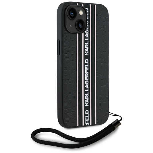 Funda para Apple iPhone 15, Karl Lagerfeld, Saffiano Athleisure Stripes with Strap, Rosa