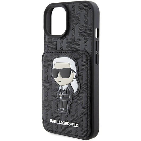 Funda para Apple iPhone 15, Karl Lagerfeld, Saffiano Cardslots and Stand Monogram Ikonik Karl, Negra