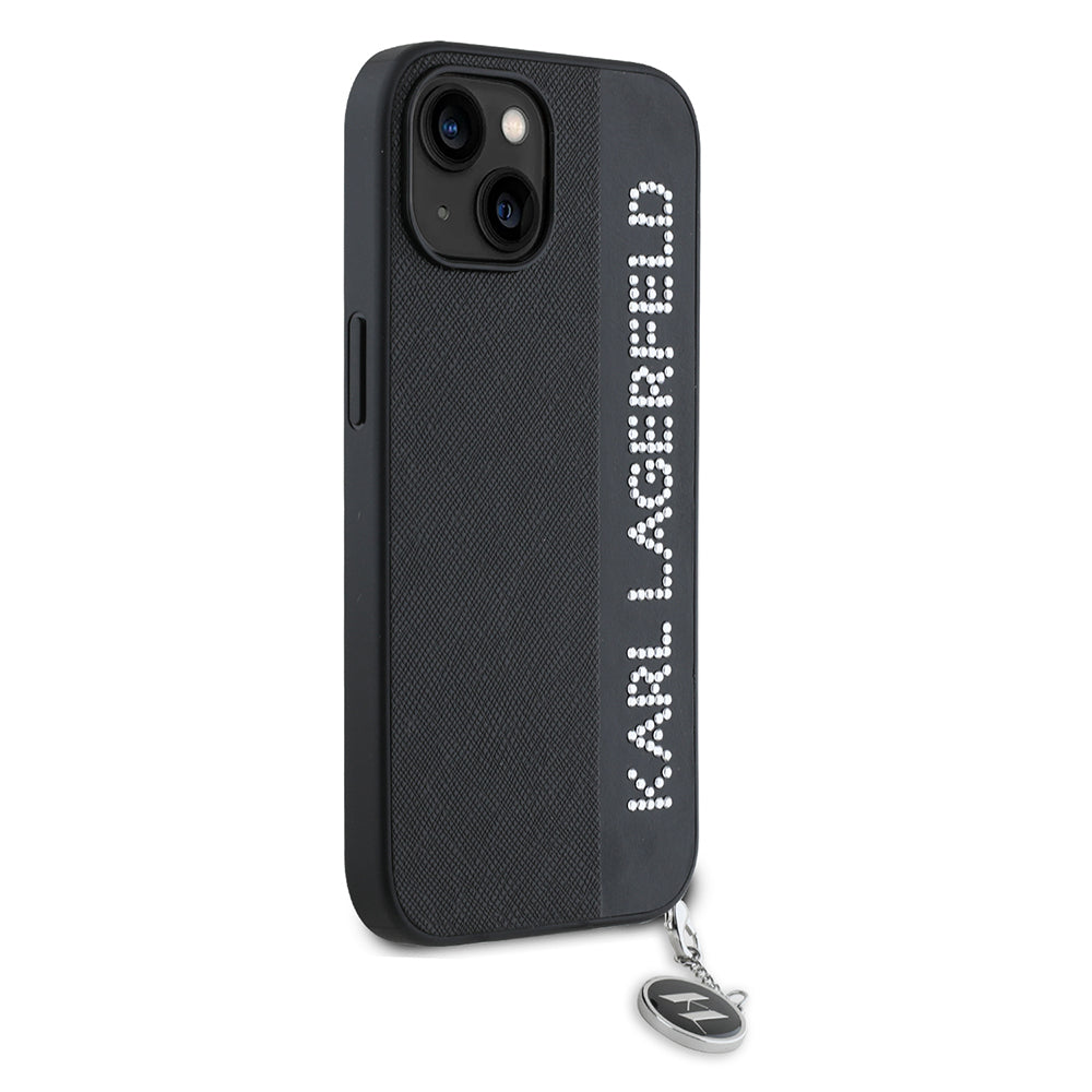 Funda para Apple iPhone 15, Karl Lagerfeld, Saffiano Rhinestones & Charm, Negra
