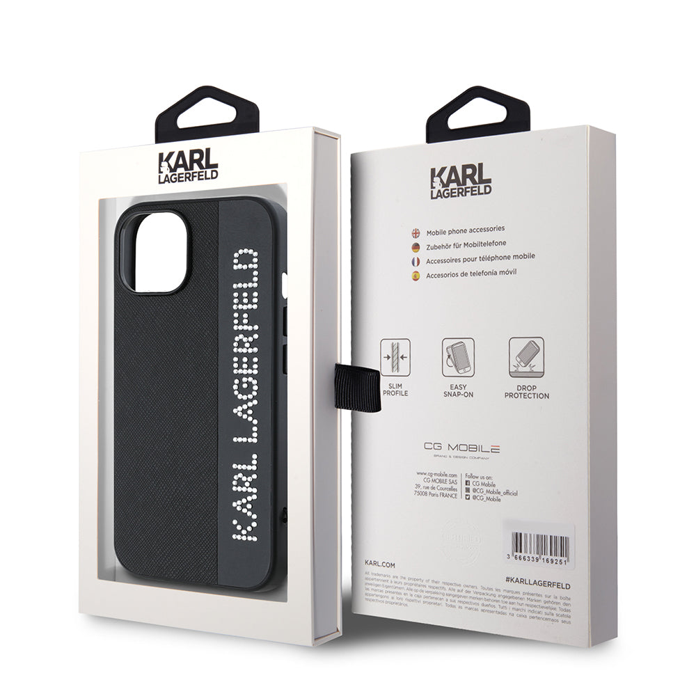 Funda para Apple iPhone 15, Karl Lagerfeld, Saffiano Rhinestones & Charm, Negra