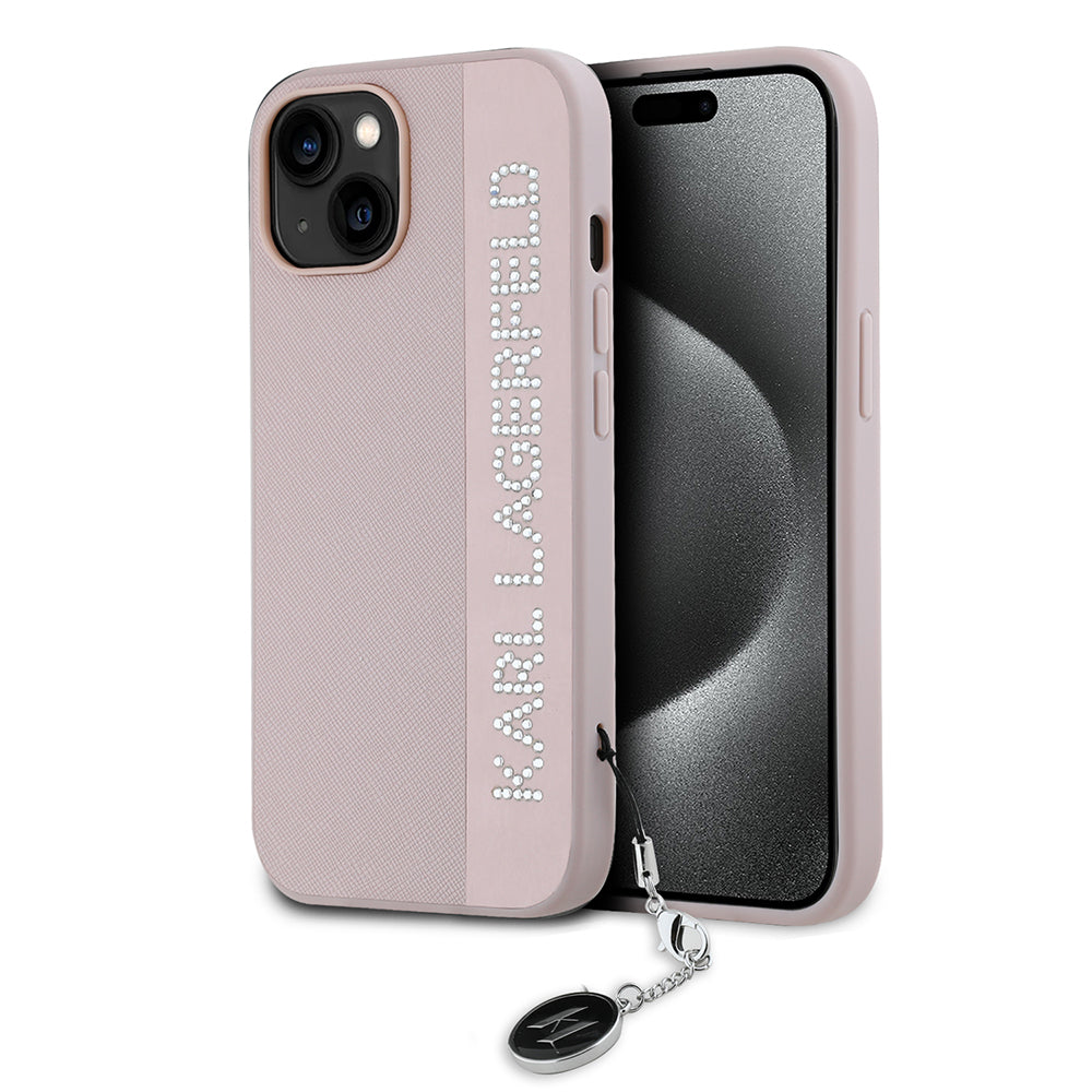 Funda para Apple iPhone 15, Karl Lagerfeld, Saffiano Rhinestones & Charm, Rosa