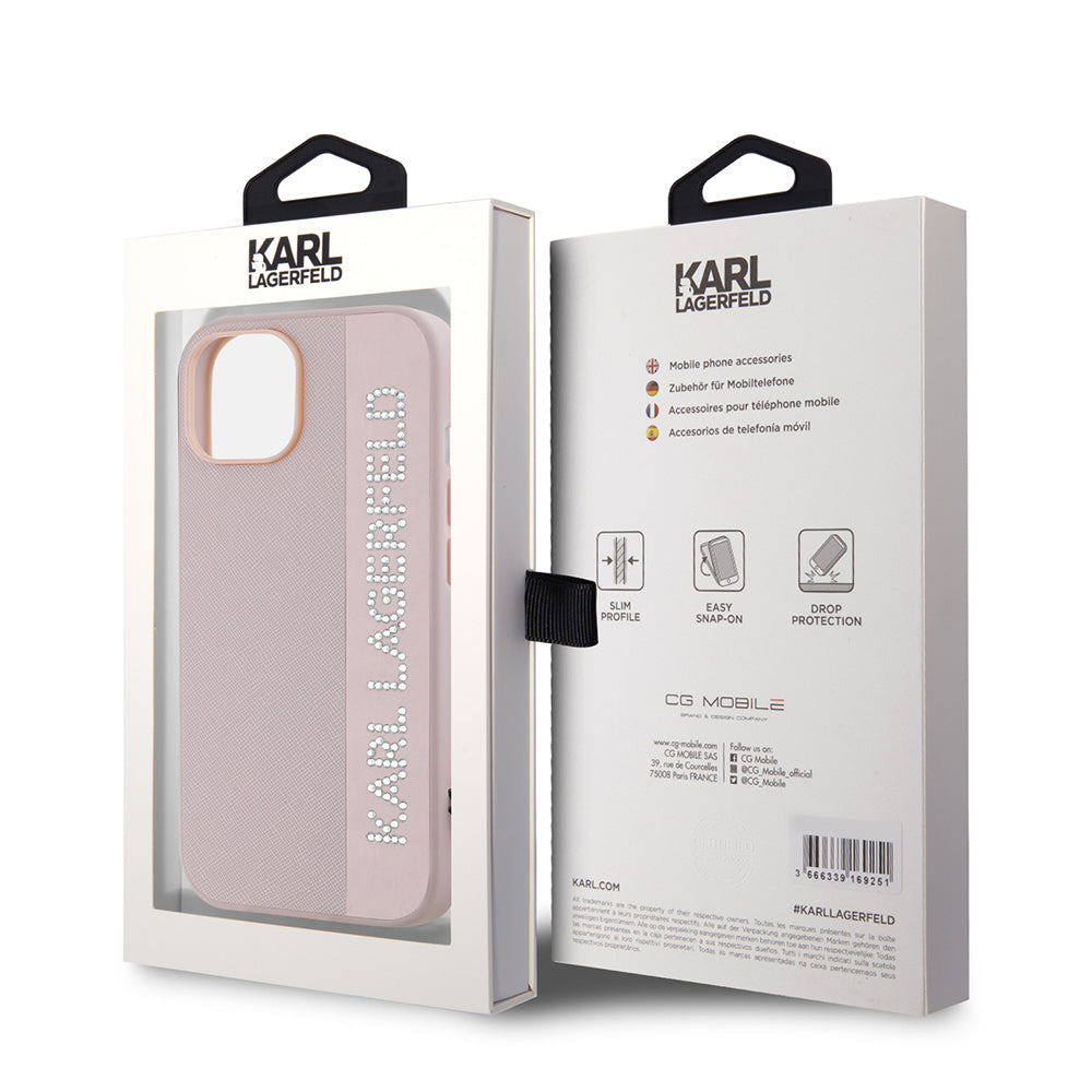 Funda para Apple iPhone 15, Karl Lagerfeld, Saffiano Rhinestones & Charm, Rosa