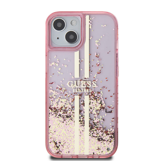 Funda para Apple iPhone 15 Plus, Guess, Liquid Glitter Gold Stripes, Rosa