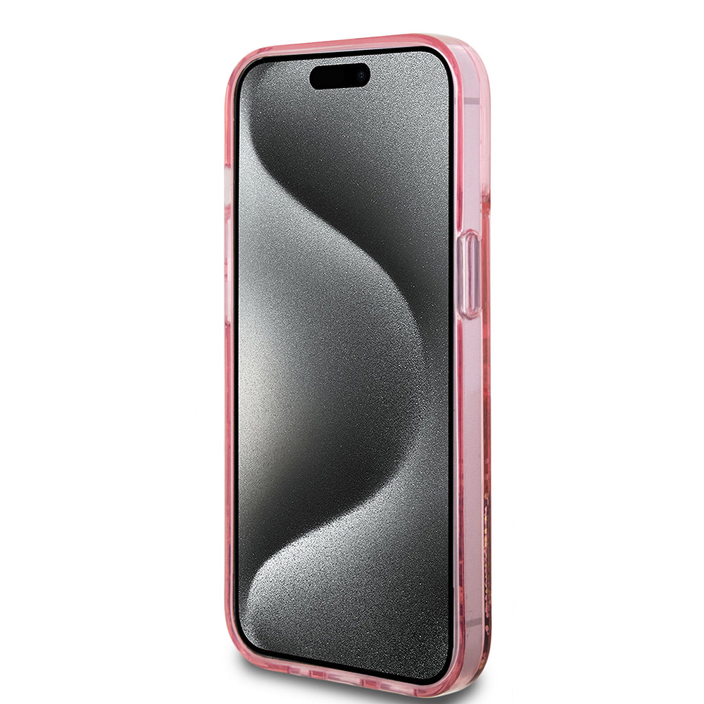 Funda para Apple iPhone 15 Plus, Guess, Liquid Glitter Gold Stripes, Rosa