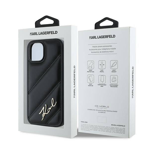 Funda para Apple iPhone 15 Plus, Karl Lagerfeld, Diagonal Quilted Script, Negra