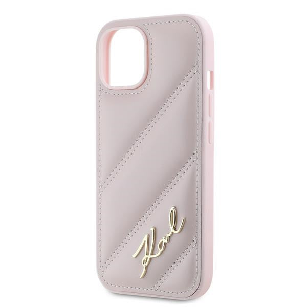 Funda para Apple iPhone 15 Plus, Karl Lagerfeld, Diagonal Quilted Script, Rosa