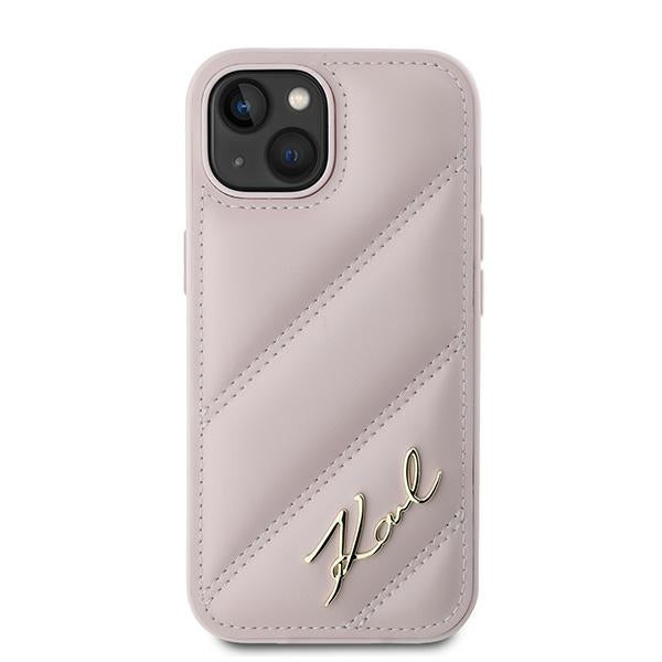 Funda para Apple iPhone 15 Plus, Karl Lagerfeld, Diagonal Quilted Script, Rosa