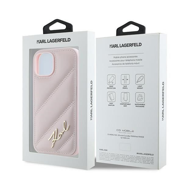 Funda para Apple iPhone 15 Plus, Karl Lagerfeld, Diagonal Quilted Script, Rosa