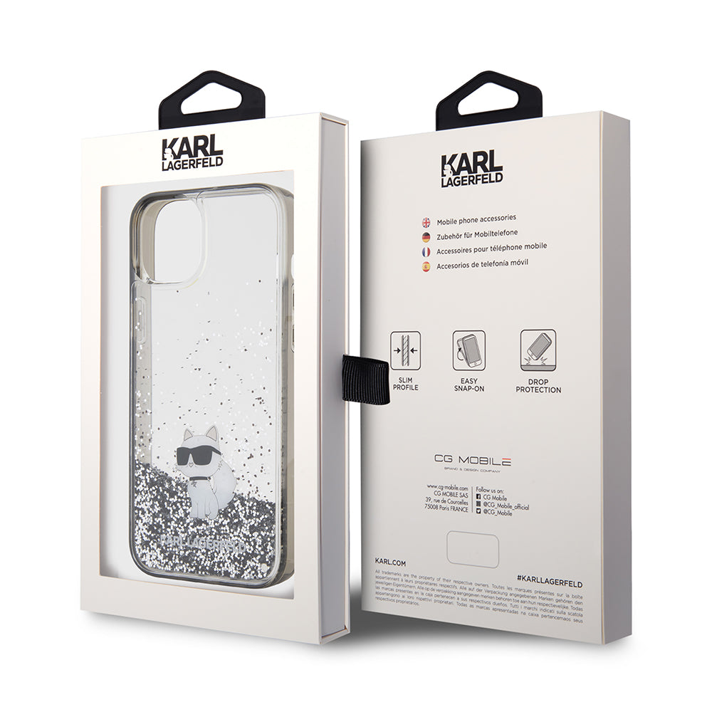 Funda para Apple iPhone 15 Plus, Karl Lagerfeld, Liquid Glitter Choupette, Transparente