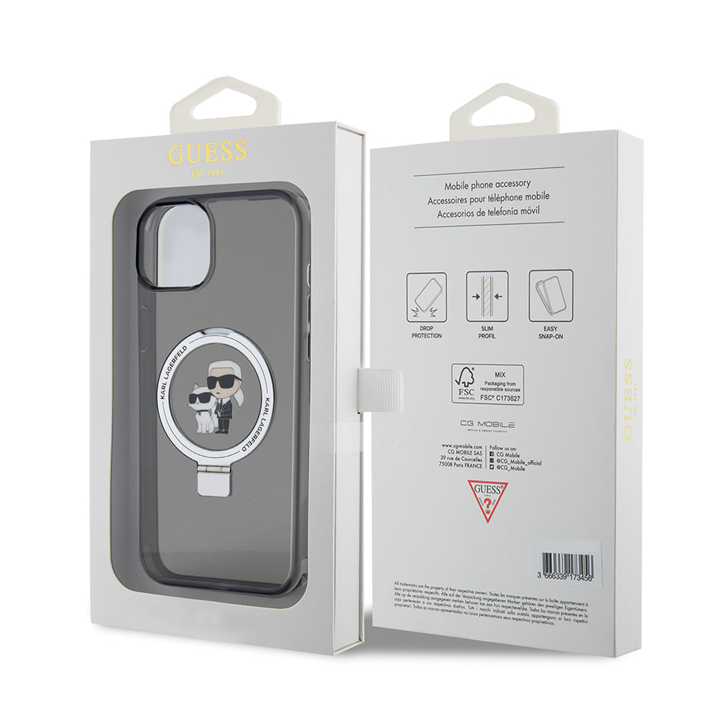 Funda para Apple iPhone 15 Plus, Karl Lagerfeld, Ringstand Karl & Choupette, Negra