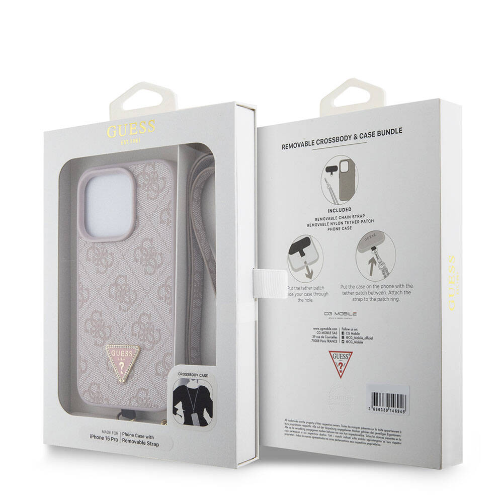 Funda para Apple iPhone 15 Pro, Guess, Crossbody 4G Metal Logo, Rosa.