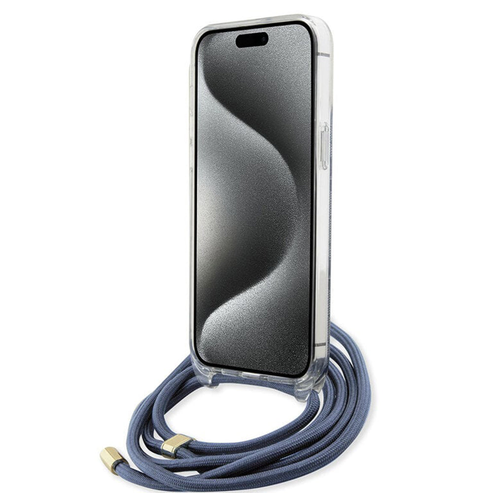 Funda para Apple iPhone 15 Pro, Guess, Crossbody Cord 4G Print, Azul