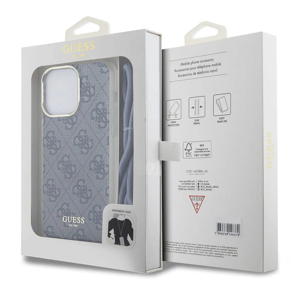 Funda para Apple iPhone 15 Pro, Guess, Crossbody Cord 4G Print, Azul