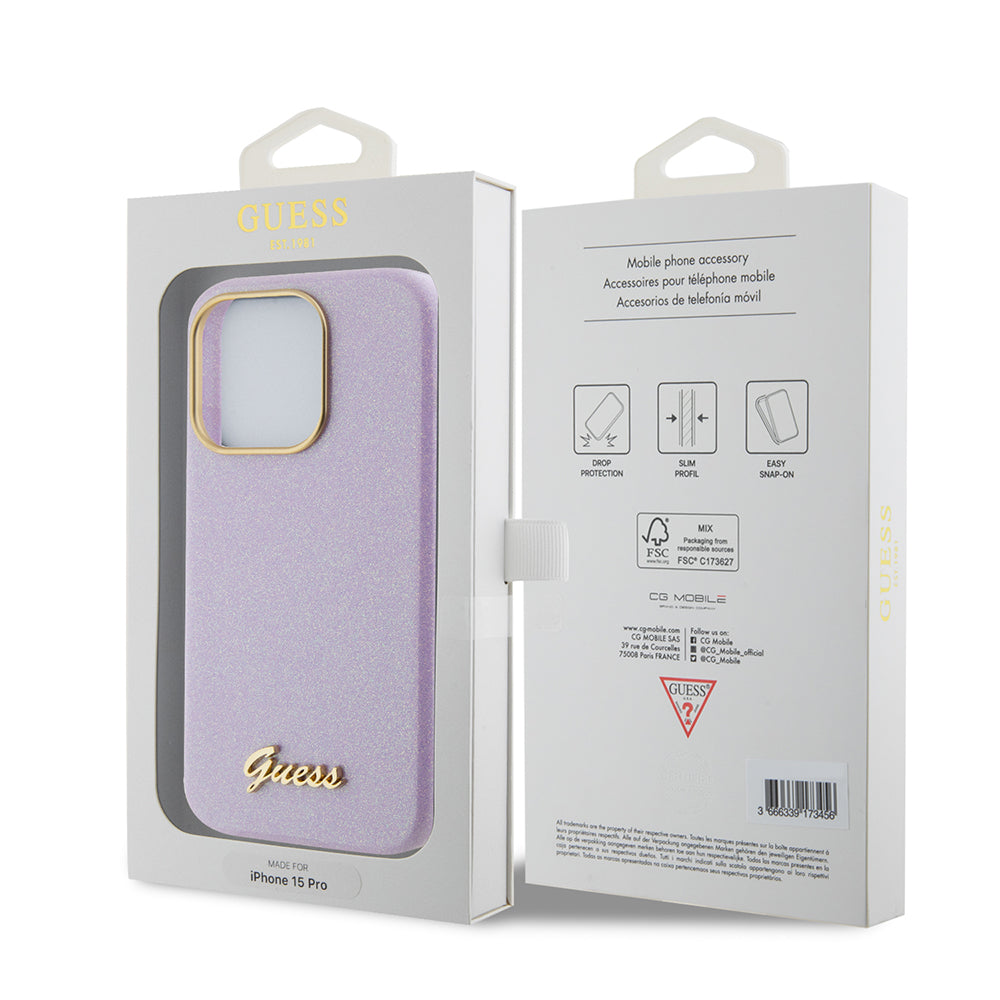 Funda para Apple iPhone 15 Pro, Guess, Glitter Glossy Script, Lila Claro