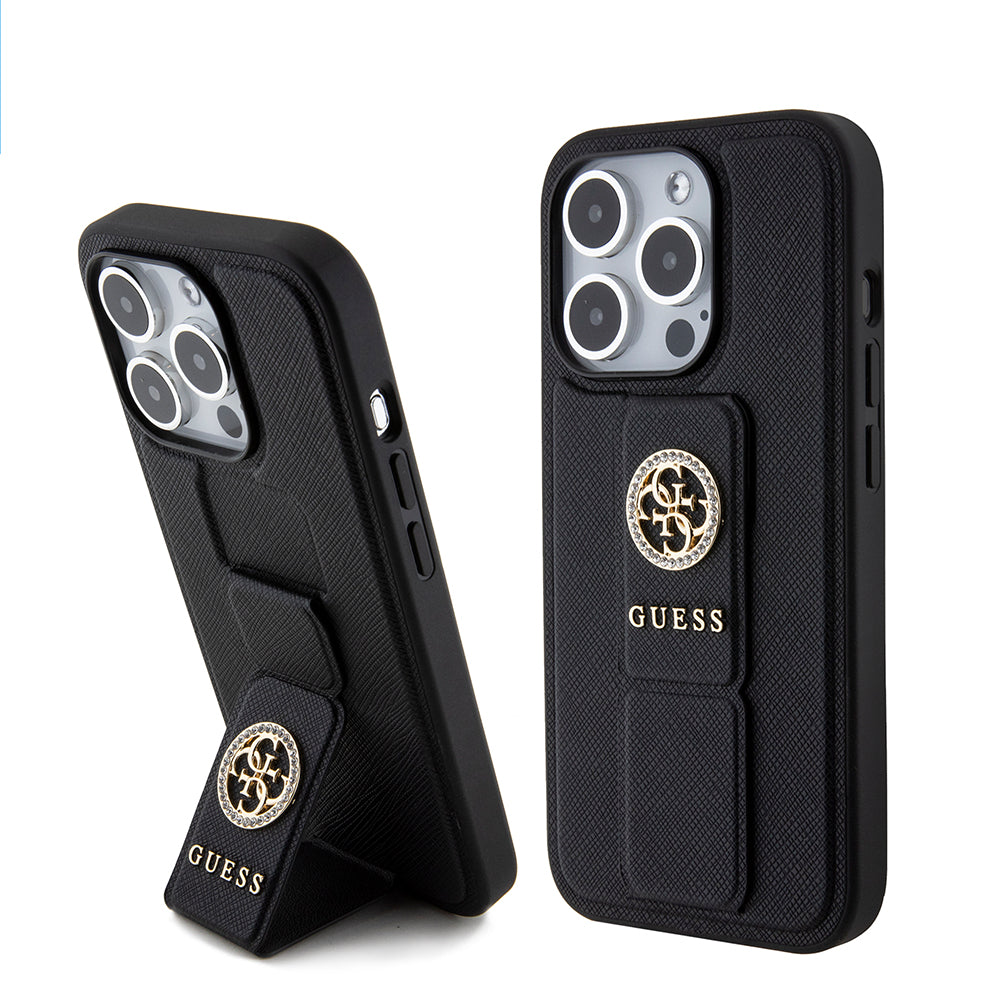 Funda para Apple iPhone 15 Pro, Guess, Grip Stand 4G Saffiano Strass, Negra