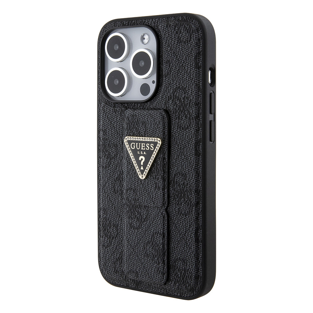 Funda para Apple iPhone 15 Pro, Guess, Grip Stand 4G Triangle Strass, Negra