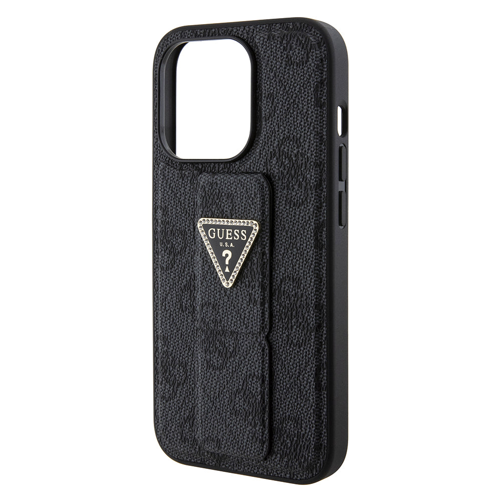 Funda para Apple iPhone 15 Pro, Guess, Grip Stand 4G Triangle Strass, Negra