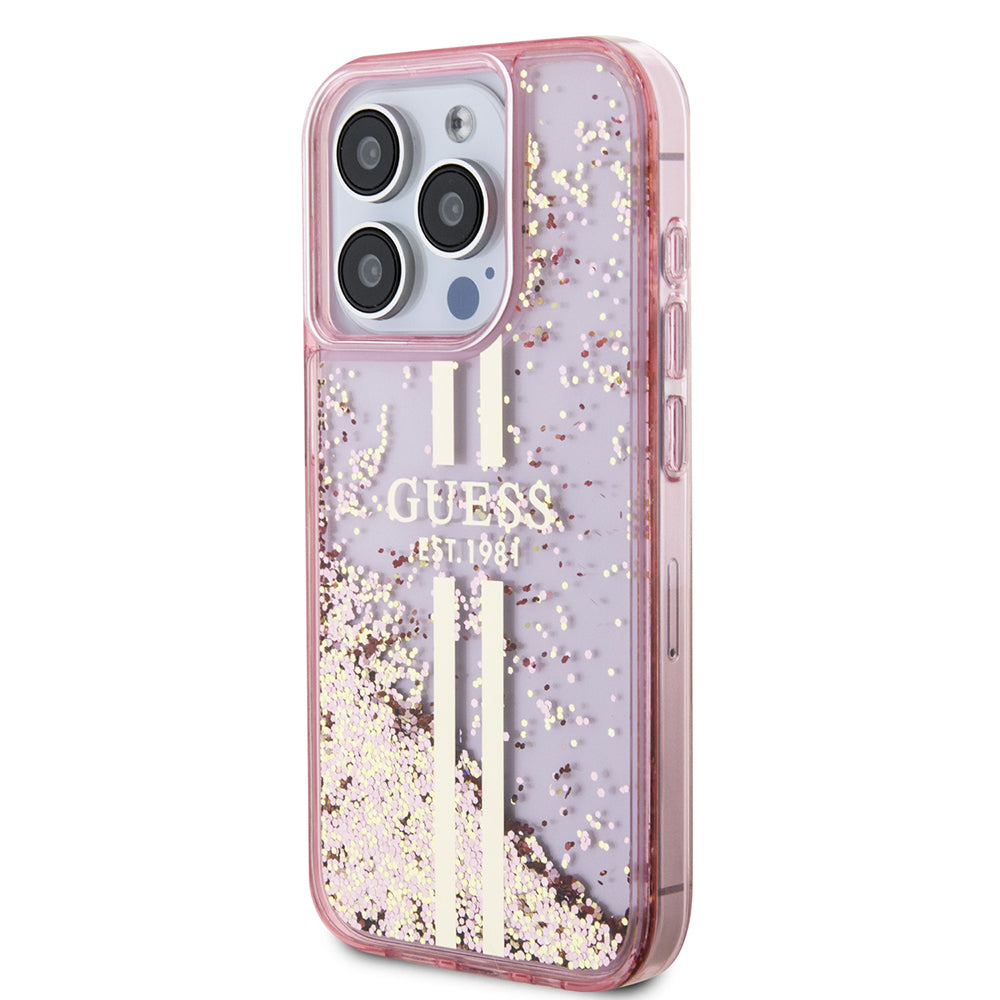 Funda para Apple iPhone 15 Pro, Guess, Liquid Glitter Gold Stripes, Rosa