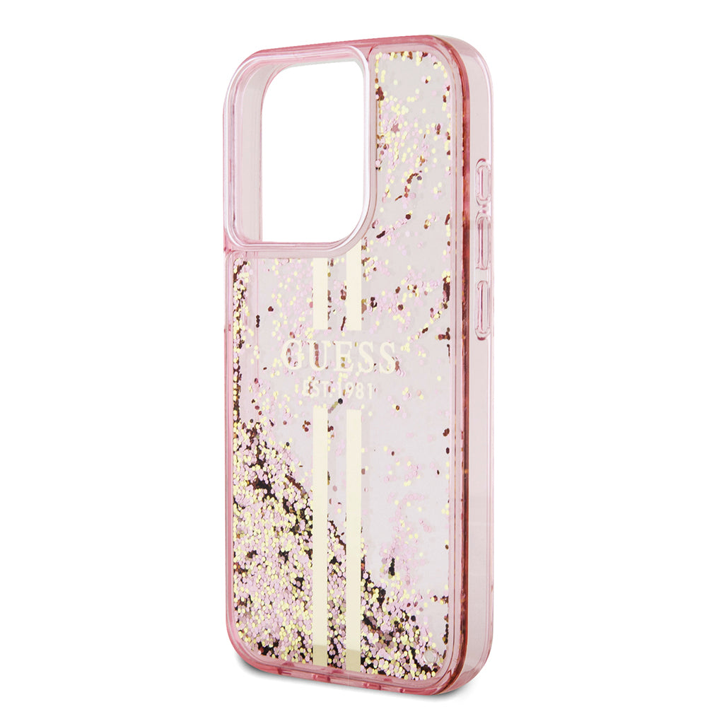 Funda para Apple iPhone 15 Pro, Guess, Liquid Glitter Gold Stripes, Rosa